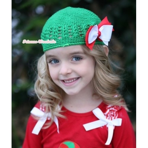 Kelly Green Crochet Beanie Hat with White Red Bow H518 